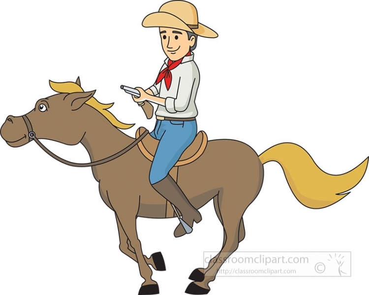 Cowboy in hat and red bandana rides brown horse while holding a smartphone.