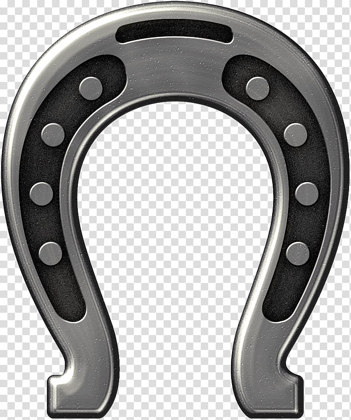 Realistic metallic horseshoe with six nail holes and U-shaped design on transparent background.