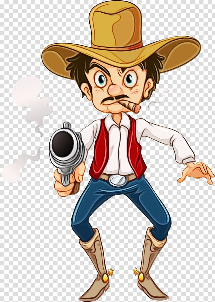 Cartoon cowboy with wide-brimmed hat, cigar, and smoking revolver, in dynamic pose with spurs and red vest.