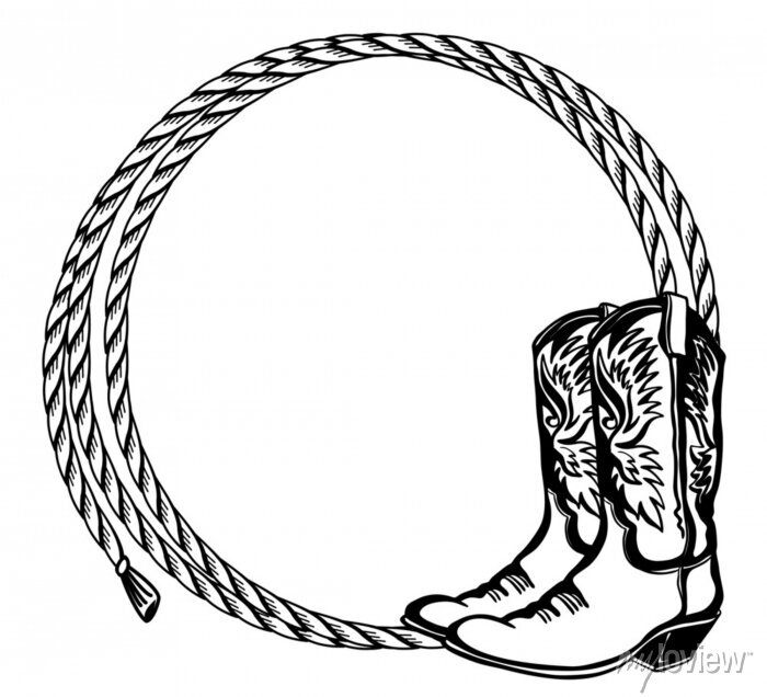 Frame From Rope With Cowboy Boots And Hat In Engraving Style - Clip Art ...