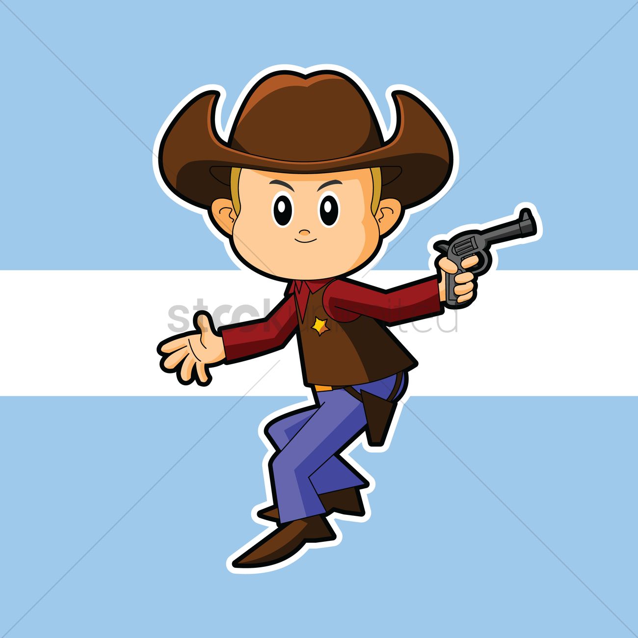 Cartoon cowboy boy in brown hat and vest, holding a revolver, smiling with dynamic pose.