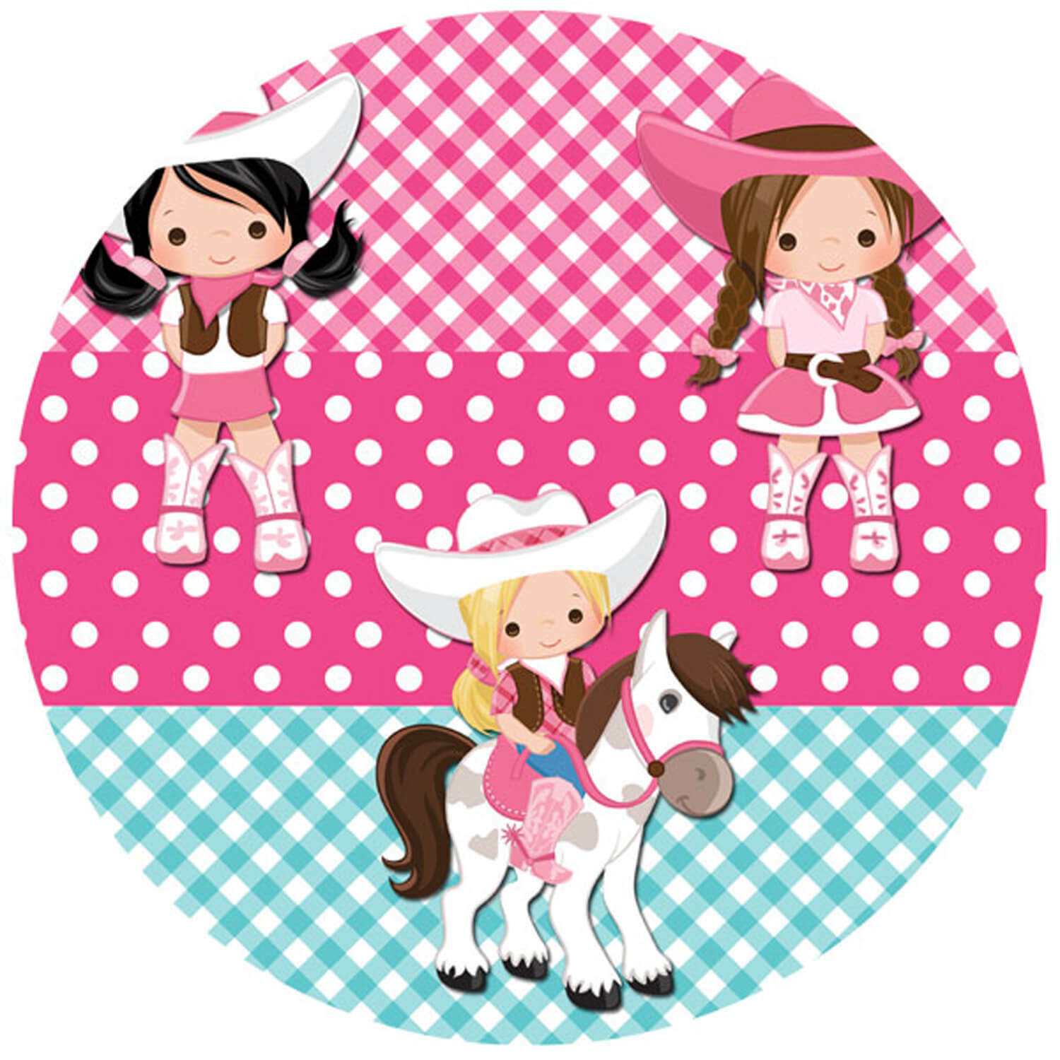 Pink Cowgirl Party Theme Clipart - Cute Girls & Pony Illustration