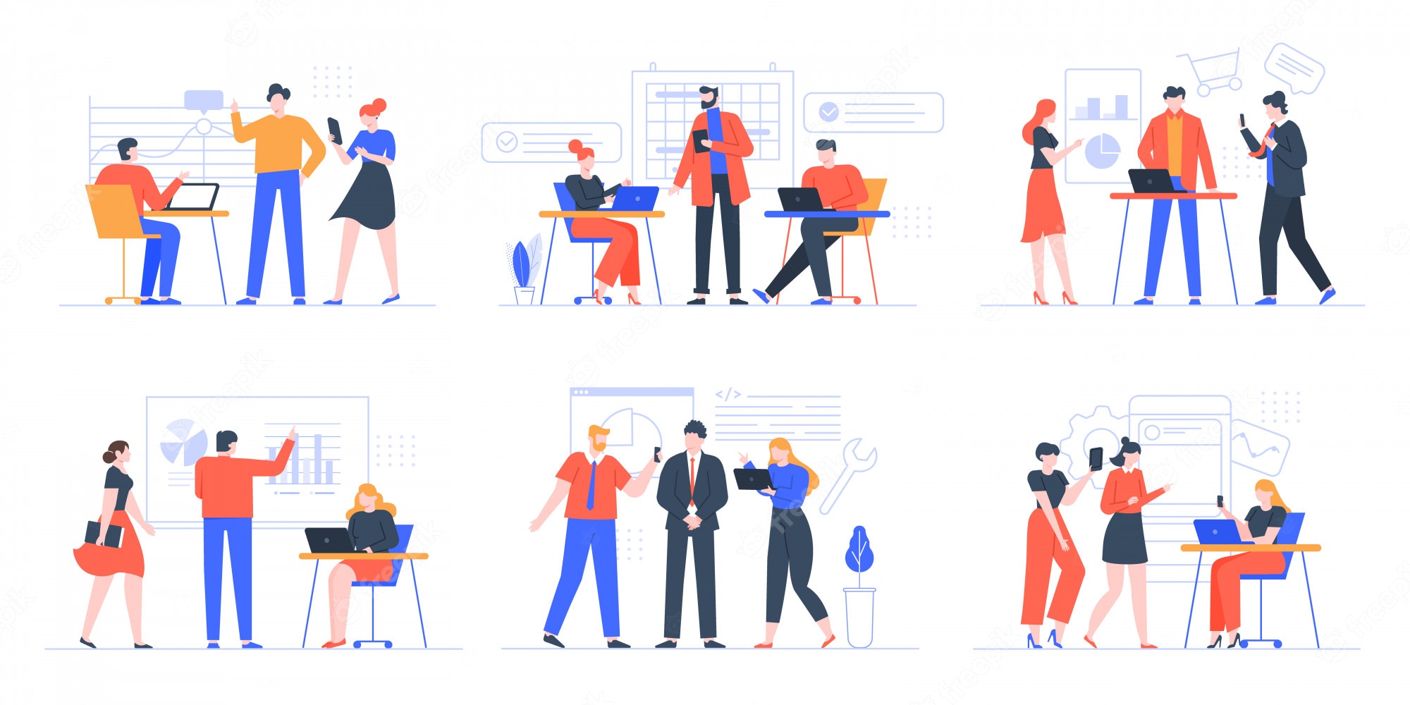 Six flat-design illustrations showing diverse professionals collaborating in modern office settings with laptops, charts, and digital tools.