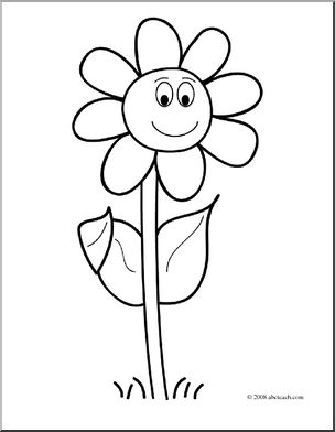 Smiling cartoon flower with eight petals, stem, two leaves, and grass at base-black-and-white line art for coloring.