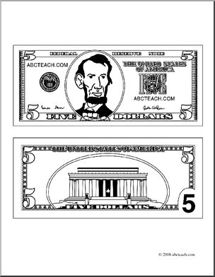 Printable 5 Dollar Bill Coloring Page for Kids & Education