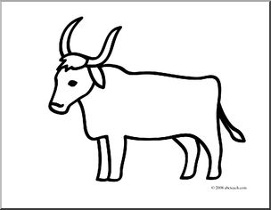 Simple black-and-white line drawing of a bull with curved horns, standing in profile view.