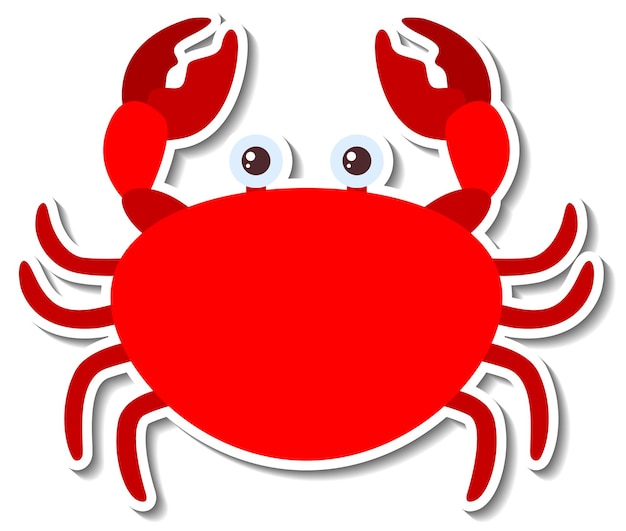 Red cartoon crab with big eyes and raised claws, white background sticker-style illustration.