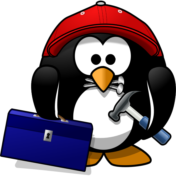 A cartoon penguin wearing a red cap, holding a blue toolbox and a hammer, with nails in its beak-symbolizing Linux system administration.