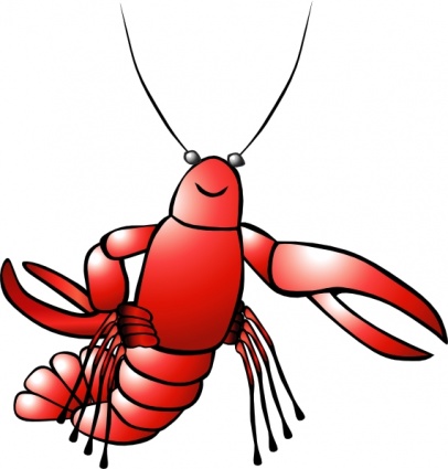 A cheerful red cartoon crawfish with large claws, antennae, and a smiling face on a white background.