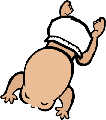 Cartoon baby lying on back in white diaper, arms and legs raised, eyes closed peacefully.