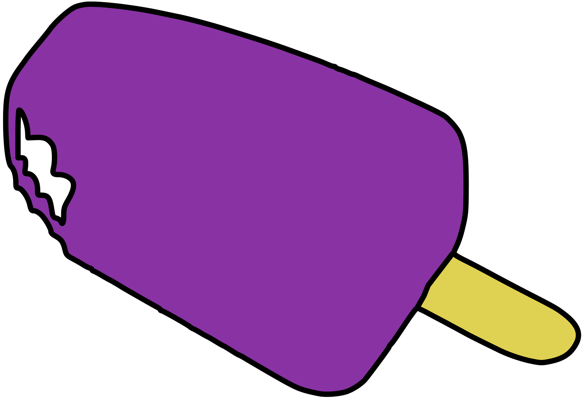 Purple popsicle with a bite taken out, on a yellow stick against green background.