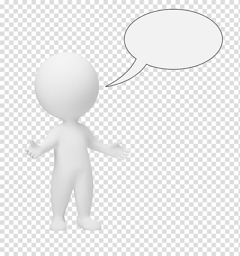 White 3D character with open arms and empty speech bubble on transparent background.