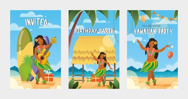 Three tropical party invitation templates featuring hula dancers, surfboards, palm trees, and festive decorations.
