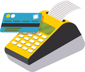 Yellow POS terminal processing a blue credit card with receipt printing.