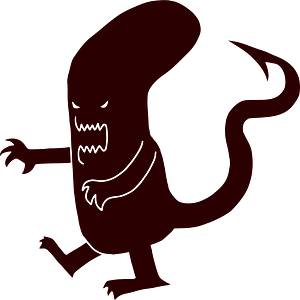 Dark red cartoon alien with sharp teeth, claws, and a curled tail on green background.