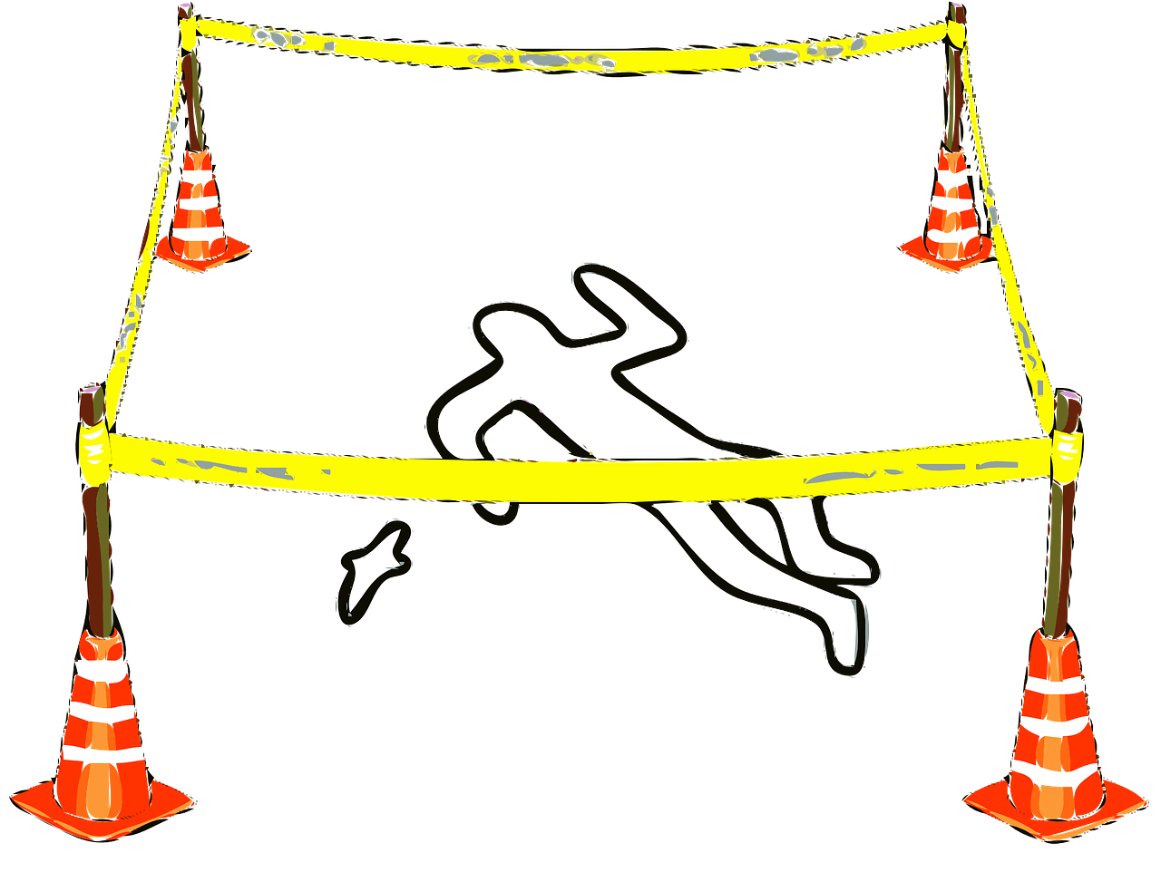 Illustration of a fallen person silhouette behind yellow caution tape and traffic cones, indicating an accident scene.