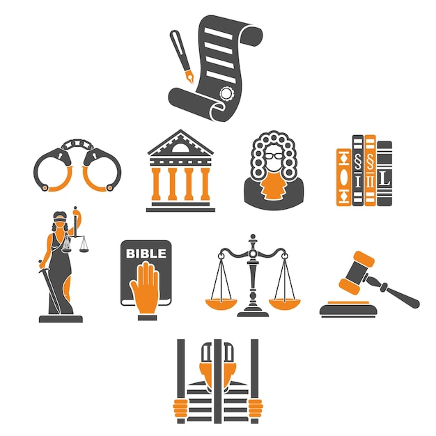 Legal system icons including Lady Justice, gavel, scales, handcuffs, judge, courthouse, Bible, books, scroll, and prison bars.