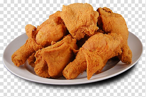 Golden-brown crispy fried chicken pieces piled on a white plate against transparent background.