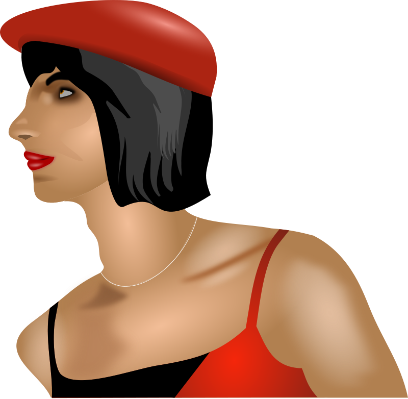 Stylish woman in red beret and top, side profile with bold makeup and short dark hair.