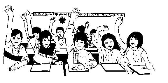 Black-and-white line drawing of diverse children raising hands in a classroom with alphabet banner above.