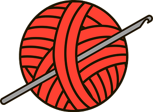 A vibrant red ball of yarn with a gray crochet hook inserted diagonally through its center, set against a muted teal background.
