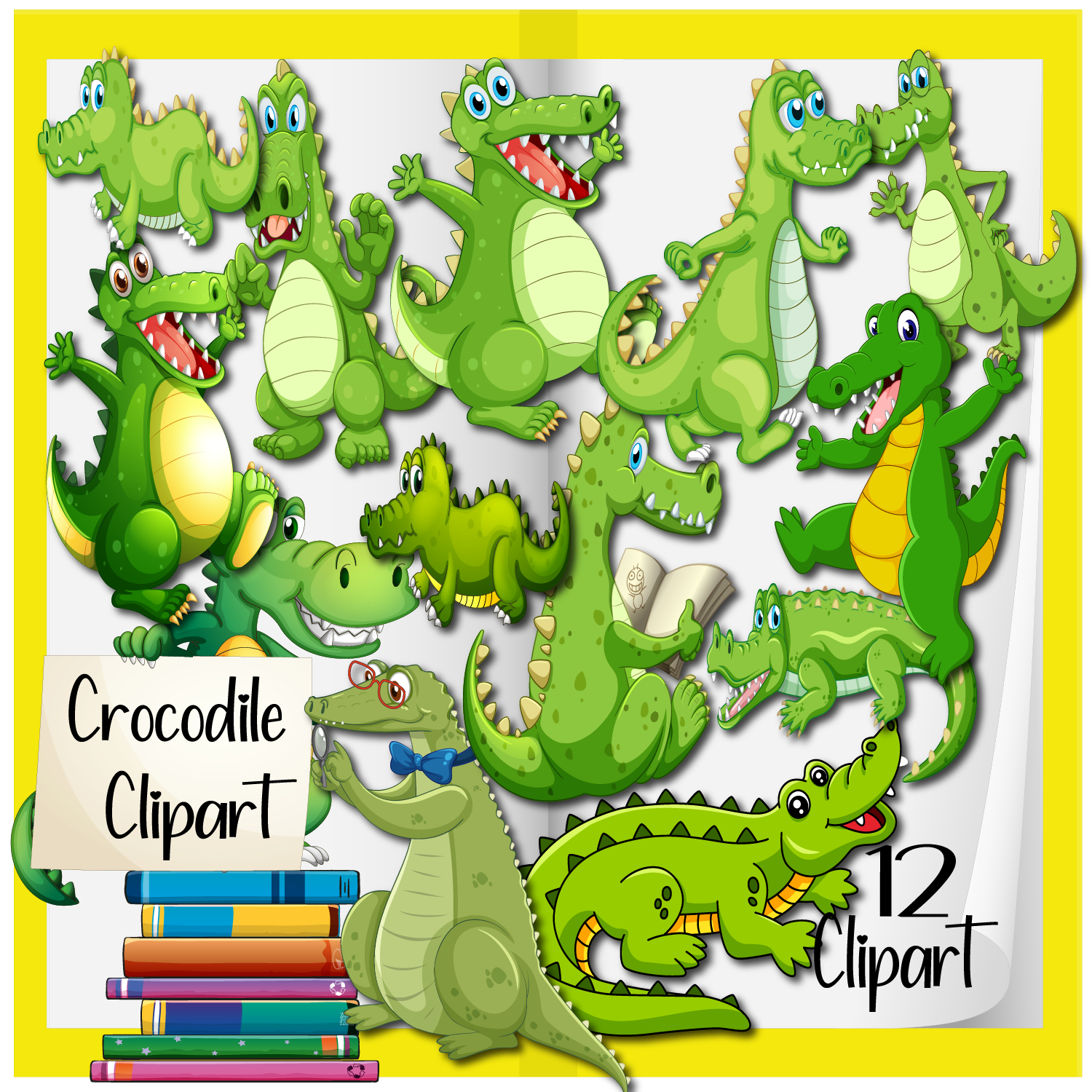 Collection of 12 cheerful green crocodile clipart characters in playful poses, some reading, waving, or wearing accessories.