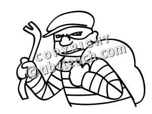 Cartoon burglar in striped shirt and cap holding crowbar and sack, stylized line drawing.