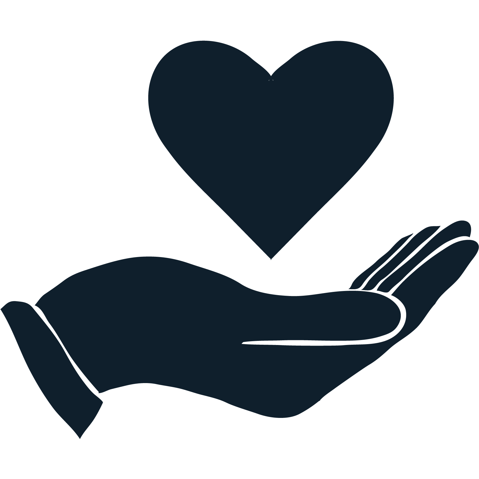 A dark blue open hand holding a heart symbol, representing care, compassion, or charity.