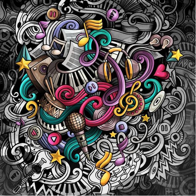 Vibrant cartoon-style music-themed doodle with instruments, notes, headphones, stars, and swirls in bold colors on grayscale background.