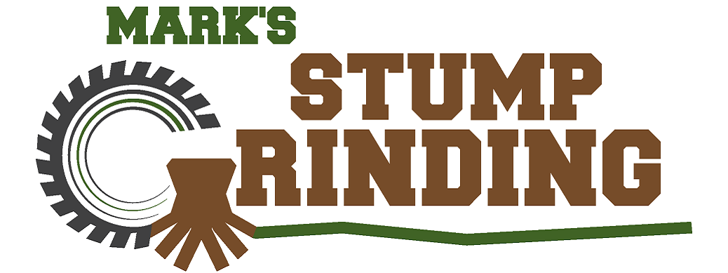 Logo for Mark's Stump Grinding featuring a gear, tree stump, and green/brown color scheme.