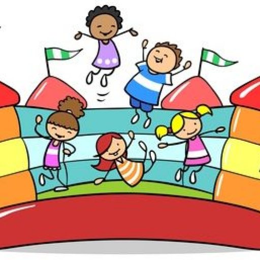 Five diverse children joyfully bouncing on a colorful inflatable bouncy castle with flags.