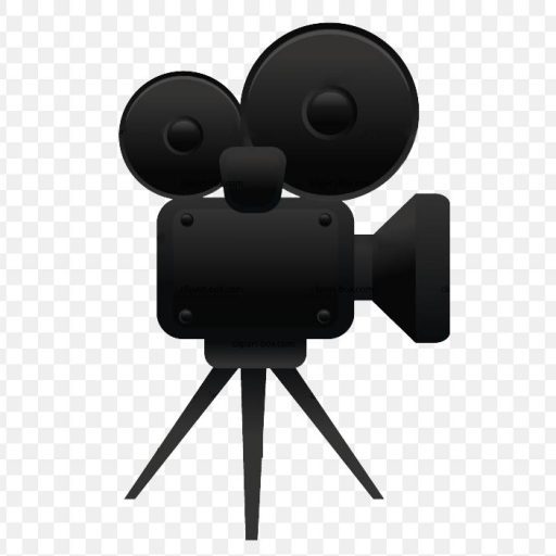 Black vintage film camera on tripod with two reels, iconic movie production symbol.