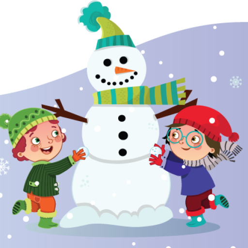 Two joyful children building a snowman with scarf, hat, and carrot nose in snowy winter scene.