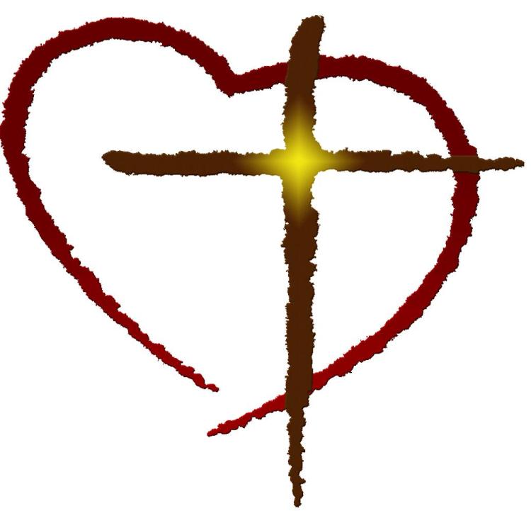 A red heart outline with a brown cross inside, glowing yellow at the center intersection.