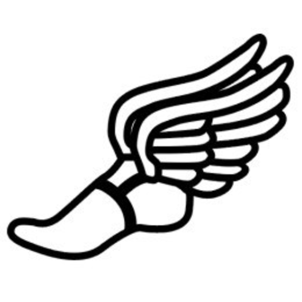 Black-and-white line drawing of a winged foot, symbolizing speed, agility, or mythological messenger like Hermes or Mercury.