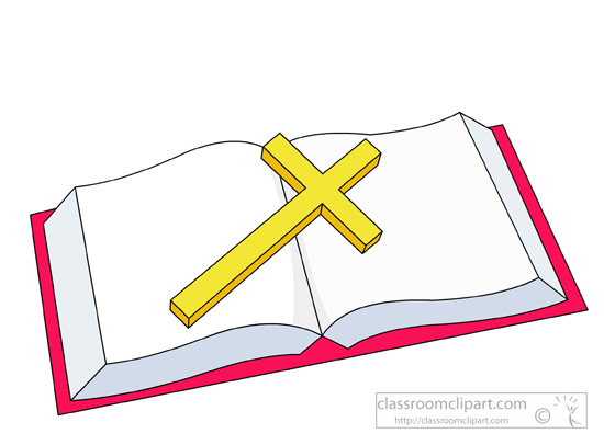 Open red Bible with a golden cross resting on its pages.