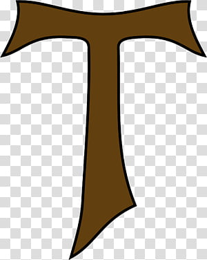 Brown Tau cross symbol, a T-shaped Christian emblem with flared arms and pointed base, on transparent background.