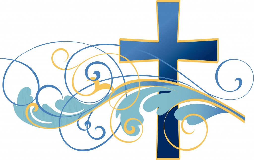 Blue Christian cross with gold outline and ornate blue and gold swirls on white background.