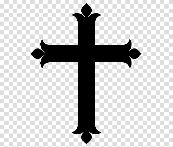 Black ornate Gothic-style cross with fleur-de-lis ends on transparent background.