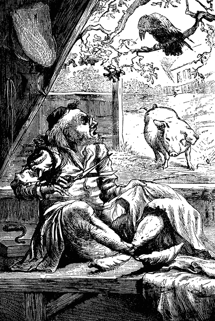 A bearded man in rustic attire sits on a bench, holding scissors and a cloth, while a pig and crow observe nearby in a pastoral scene.