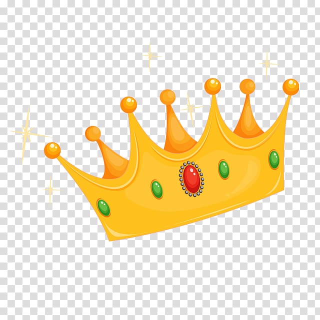 Golden royal crown with red and green jewels, sparkling stars on transparent background.