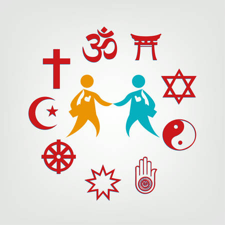 Interfaith unity illustration featuring two diverse figures holding hands surrounded by major world religion symbols.