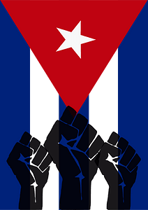 Cuban flag with raised fists symbolizing solidarity and resistance.