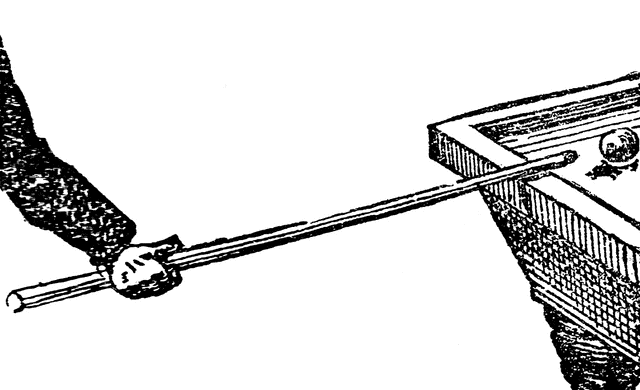 A vintage line drawing of a hand gripping a billiard cue, aiming at a ball on a pool table.