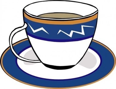 Illustrated white ceramic coffee cup with blue zigzag pattern and gold trim, filled with coffee, on matching saucer.