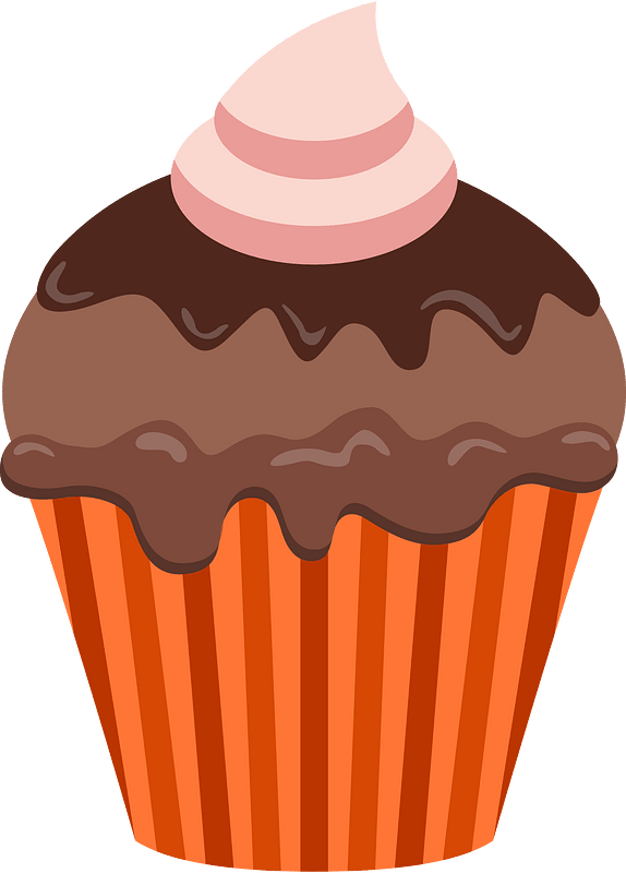 Chocolate cupcake with pink swirl frosting in orange striped paper liner