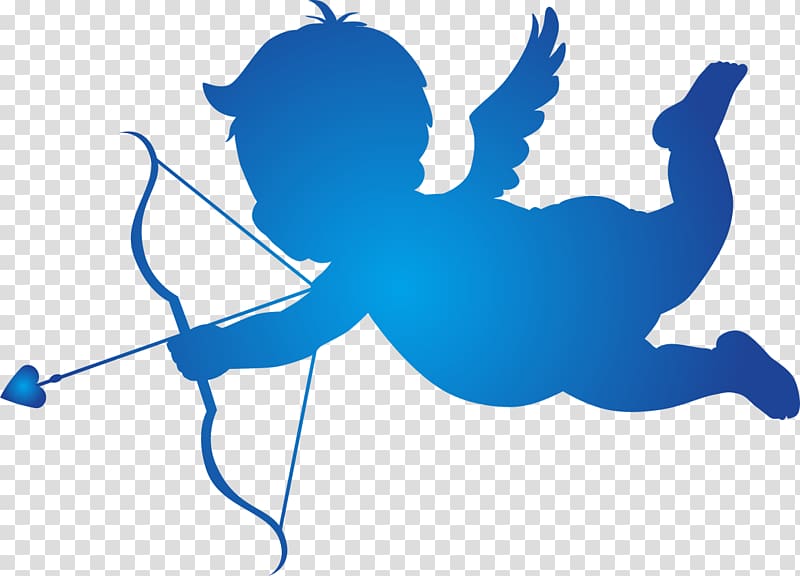 Blue silhouette of Cupid flying with bow and heart-tipped arrow, wings spread, aiming forward.