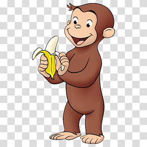 Curious George, the brown monkey, happily peeling and holding a yellow banana with a cheerful expression.