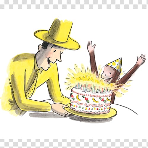 A man in a yellow suit and hat presents a birthday cake to a joyful monkey wearing a party hat, with sparklers bursting on top.