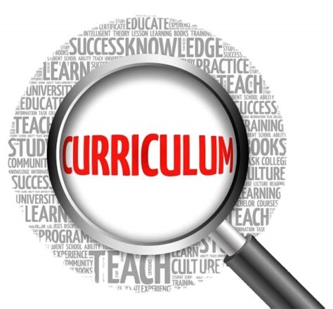 Magnifying glass highlighting the word "CURRICULUM" surrounded by education-related terms in a word cloud.